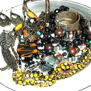 Funky Boho Statement Jewelry Lot Indie Eclectic Good Condition Neutral Tones